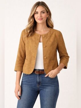 Halogen Tan Suede Leather Jacket Women XL Button Front Cropped